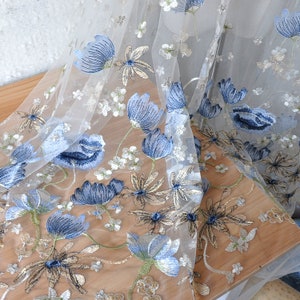 1 yard Gorgeours Blue Lotus Flower Lace Fabric Floral Embroidered Tulle Fabric Dress Bridal Veil Floral Lace Fabric 59" width