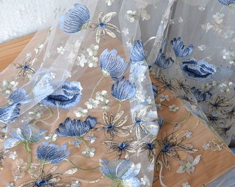 1 yard Gorgeours Blue Lotus Flower Lace Fabric Floral Brodé Tulle Fabric Robe Bridal Veil Floral Dentelle Tissu 59 « largeur