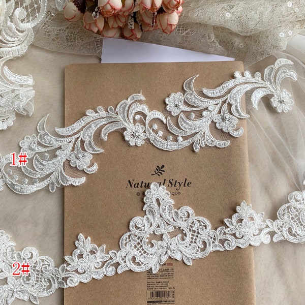 Lace trim ivory beaded pearl lace, wedding dress, bridal veil, lace accessories alencone lace Exquisite For Wedding Dress Grown