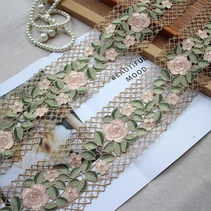 2 yards Green Leaf Pink Flower Exquisite Alice Alencon Lace Trim Embroidered Floral Wedding Trim Necklace Lace 3.93 Inches Wide