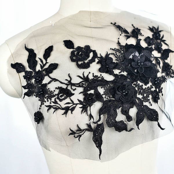 1pc 3D Black Bead Pearl Lace Super Luxury Tulle Lace Appliques Floral Exquisite Wedding Dress Grown Bridal Veil Accessories