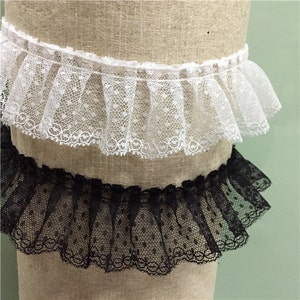 2 yards Lace Trim Ivory Black Tulle Dot Floral Ruffled Wedding 1.96 inches width