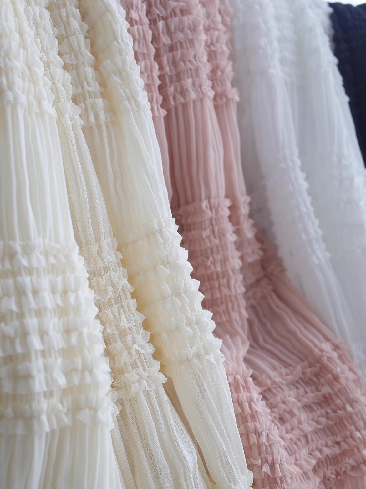 4 colors Apricot Black White Chiffon Fabric Ruffled Pleated Embroidery Exquisite Bridal Wedding Fabric Skirt Fabric Headband by the yard