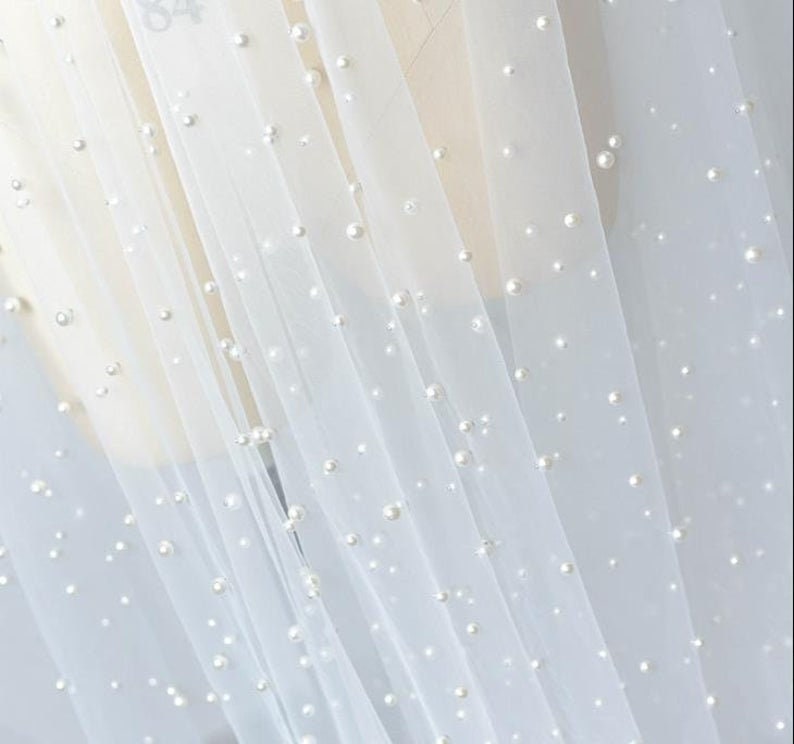 3 meters width White Tulle Irregular Bead Pearl Lace Fabric Exquisite Bridal Wedding Headband Fabric Dress Fabric 59/ 118 width 1 yard image 1