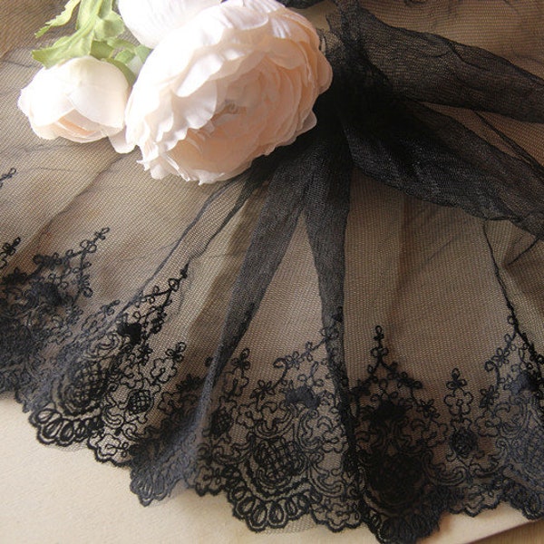 2 Yards Black Ivory Flower Lace Trim Soft Tulle Floral Embroidered Wedding Lace Bridal Lace 7.08" Wide High Quality