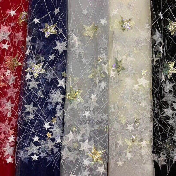 5 colors Black Beige Gray Dark Blue Tulle Sequined Lace Fabric Exquisite Stars Fabric 51" Wide Wedding Dress Veil Costume Supplies