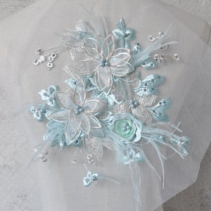 2 colors 3D Blue Pink Feather Pearl Beaded Flower Lace Applique , Embellished Lace Patch for wedding dance costumes bridal hair accessories