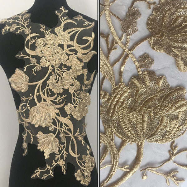Big Gold Flower Sequins Embroidery Flower Alencone Super Luxury Lace Appliques Floral Exquisite For Wedding Dress Grown Bridal Veil 1pc
