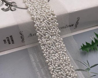 5 colors 1.9 yard  Beaded Lace Trim, Pearl Beading Lace Trim For Bridal Sash, Wedding Gown Straps, Bridesmaids Belt, Hairband 3cm width