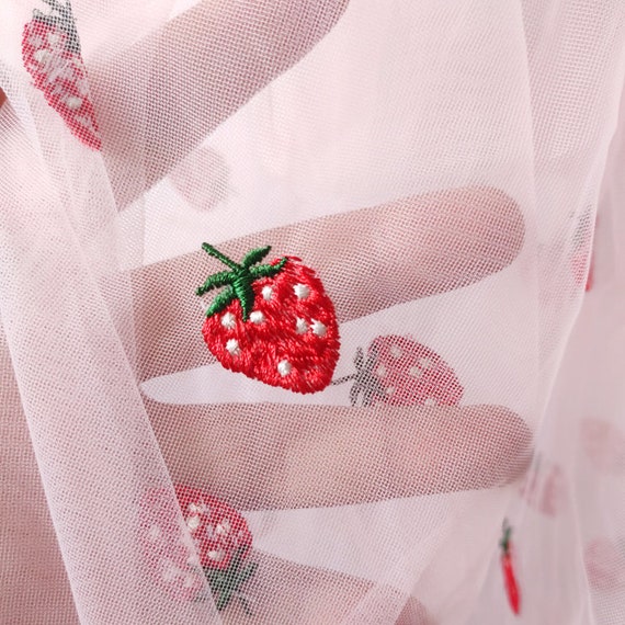 Lace Fabric Strawberry Pattern Pale Pink Tulle Embroidered