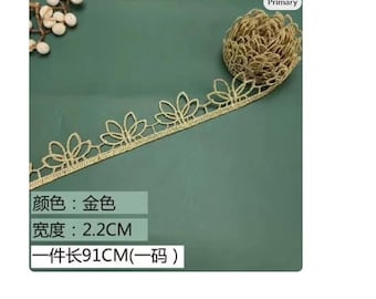 3 yards Gold Flower Exquisite Alice Alencon Lace Trim Embroidered Floral Retro Wedding lace 0.86 Inches Wide