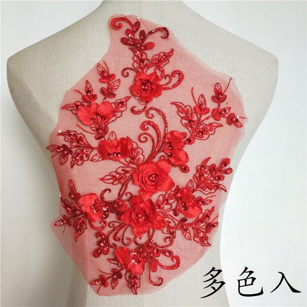 1pc Red Bead Pearl 3D Flower Lace Super Luxury Lace Appliques Floral Exquisite For Wedding Dress Grown Bridal Veil