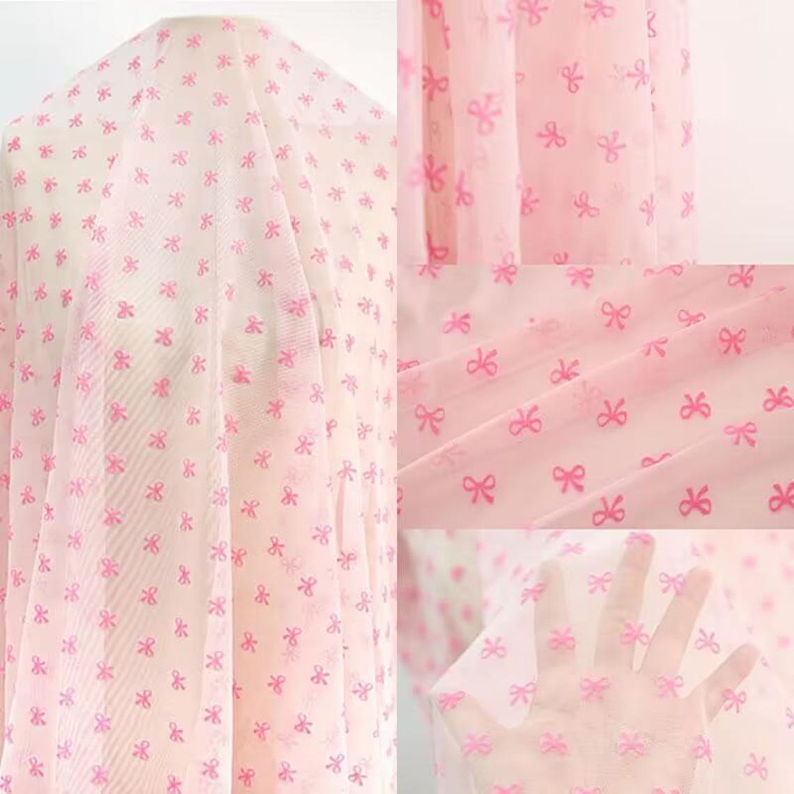 Pink Tullle Cute Bows Flocking Velet Bowknot Lace Fabric for Veil ...