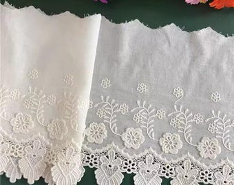 1 yard Off White Pure cotton lace floral embroidery retro style Scalloped Cotton Lace Trim  7" Wide