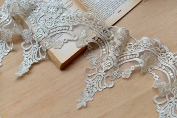 2 yards Lace Trim Black Ivory Tulle Floral Embroidery Lace Fabric 9.05" width 2 yards Lace Trim Black Ivory Tulle Floral Embroidery Lace Fabric 9.05" width