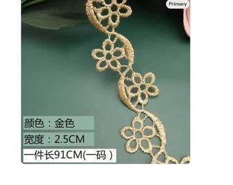 3 yards Gold Flower Exquisite Alice Alencon Lace Trim Embroidered Floral Retro Wedding lace 0.98 Inches Wide