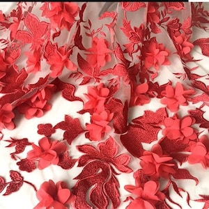 2 colors luxury red 3D chiffon flower mesh embroidery lace fabric, bridal floral wedding fabric, dress fabric 51&quot; width high quality