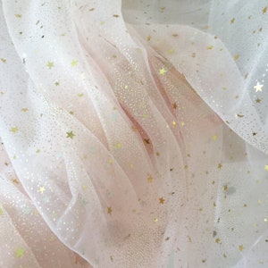 Lace fabric pink mesh glitter tulle lace fabric with gold star for baby tutu dress wedding gown lace fabric 59&quot; width