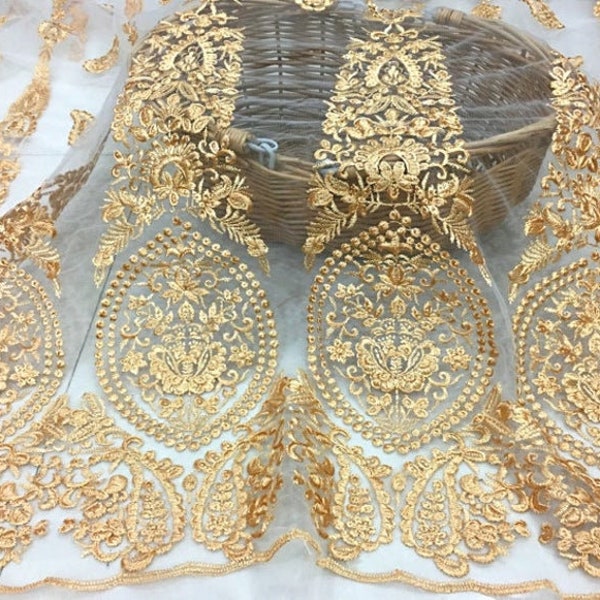 Exquisite Gold Lace Fabric, Golden Embroidery Mesh Lace Fabric, Soft Tulle Lace Fabric For Formal Dress, Prom Gown, Bridal Wedding  Headband
