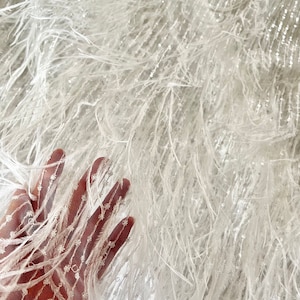 3D Ostrich feather heavy sequin lace fabric with French lace fabric for haute couture dress, high end hand beaded lace fabric by the yard