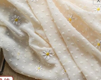 1 yard Apricot Chiffon Fabric Daisy Polka Dot Embroidery Exquisite Bridal Wedding Fabric Skirt Fabric Headband 59" width