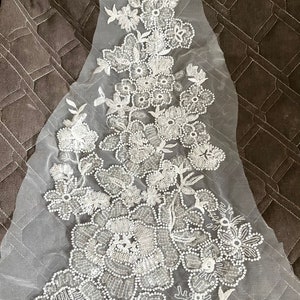 1 piece Ivory Full Pearl Beaded Flower Lace Applique , Embellished Lace Patch for wedding gown, dance costumes, bridal hair accessories