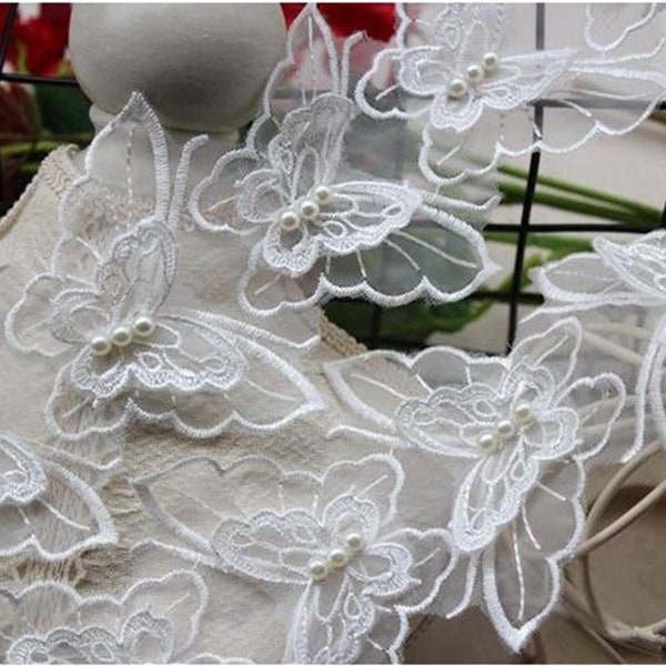 High-quality exquisite organza butterfly applique lace off white beaded lace trimorganza butterfly lace DIY wedding jewelry clothing patch