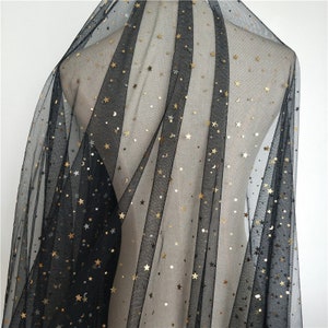1 yards Lace Fabric Black Tulle Gold Star Dot Moon Bridal Wedding Headband Fabric 59" width