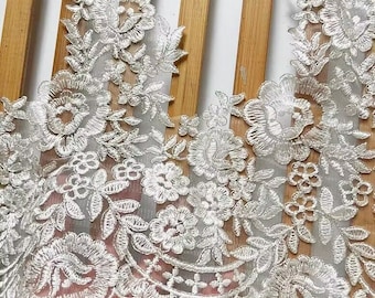 Silver Gray Floral Embroidery Lace Trim Bridal Fabric Veil Fabric Alencon Lace Trim for Bridal Wedding Dress Skirt 29cm width high quality