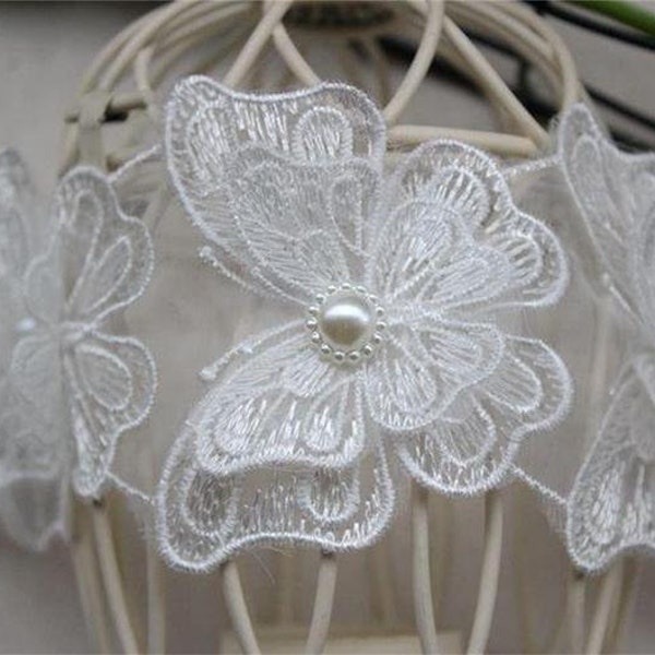 High-quality exquisite organza butterfly applique lace off white beaded lace trimorganza butterfly lace DIY wedding jewelry clothing patch