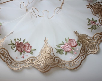 2 Yards Gold Pink Flower Lace Trim Soft Ivory Tulle Floral Embroidered Wedding Lace Bridal Lace 7.08" Wide High Quality
