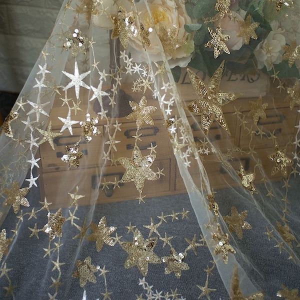 3 colors Fabulous  Royalblue Champagne Tulle Sequined Lace Fabric Exquisite Stars Fabric 47" Wide Wedding Dress Veil Costume Supplies