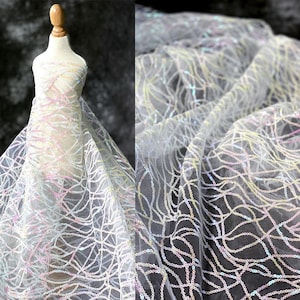 Luxurious Colorful Sequined Wave Lace Fabric Exquisite Fabric Wedding Dress Veil Costume Supplies Veil Lace Dancing Dress Fabric 49&quot; width