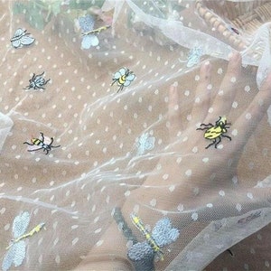 Soft polka dot tulle lace fabric embroidered bee fabric for tutu dress, cocktail dress, tulle skirt or prom dress 59&quot; width