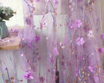 Purple 3D Chiffon Flower Pom Pom Lace Fabric Floral