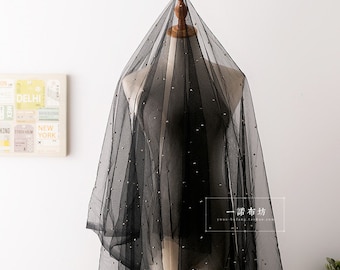 Tela de encaje de tul negro con cuentas doradas y perlas, exquisita diadema de encaje para novia, velo de encaje, 167 cm de ancho (1 yarda)