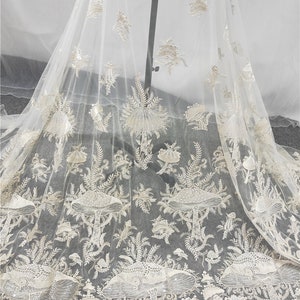 New Fashion Lace Fabric Champagne Sequins Mushroom Embroidery Lace For Bridal Fabric Alencon Alice Tulle Wedding 51&quot; width