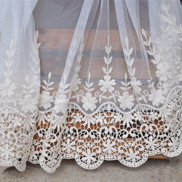 Super Wide Lace Trim Beige Black Retro Cotton Embroidery Flower Bridal Wedding Fabric Headband 19.6" width 1 yard