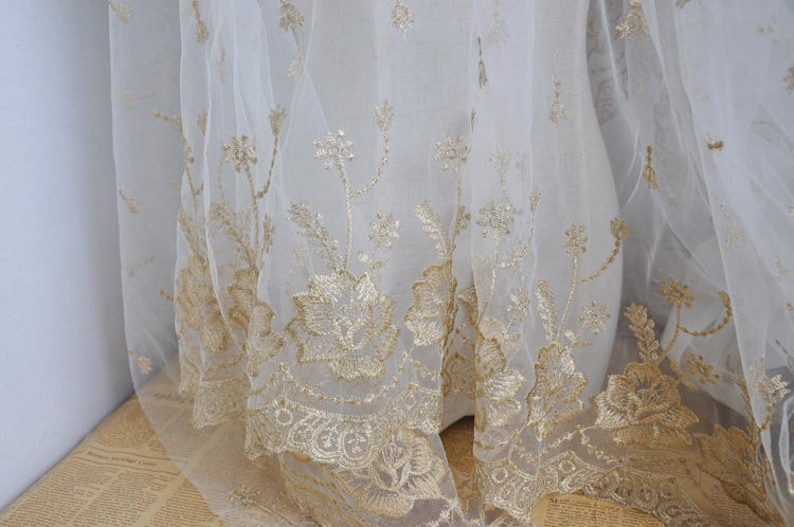 Lace Fabric Ivory Tulle Gold Embroidery Floral Bridal Lace - Etsy