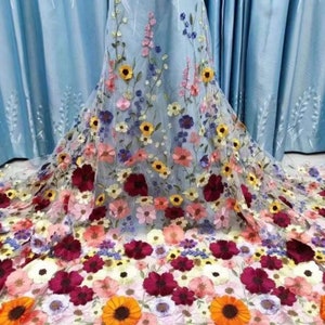 Lace Fabric 3D Solid Colorful Embroidered FlowerVivid Floral Tulle Alencon Alice Exquisite for Veil, Bridals, Wedding Dress, Pageant Gown