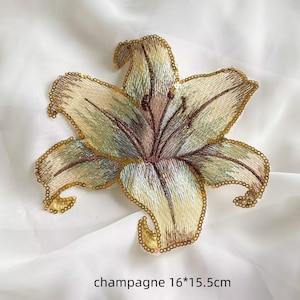 2pcs Champagne Sequin Lily Floral Flower Embroidered  Lace Bodice Patch Sequined Patches Lace Applique Super Luxury Lace Appliques