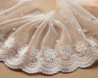 2 yards White Cotton Rose Floral Lace Trim Embroidered Tulle 3.54 Inches Wide