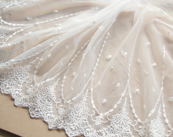 2 yards White Black Floral Lace Trim Embroidered Tulle Lace Trim 7.87 Inches Wide