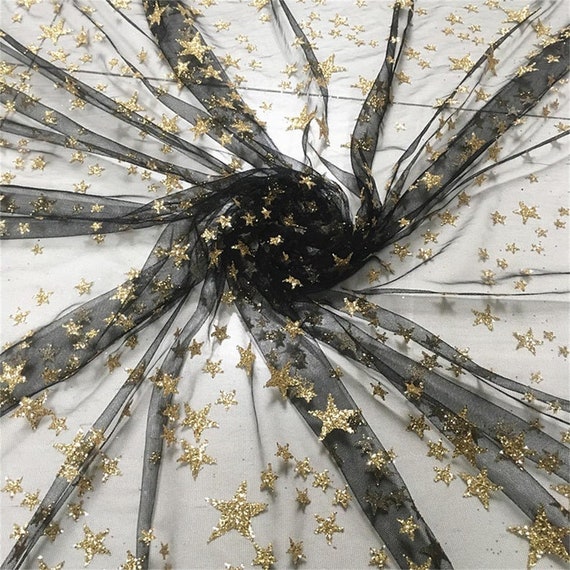 2 Colors Sequin Black Gold Star Champagne Tulle Lace Fabric  display picture 1