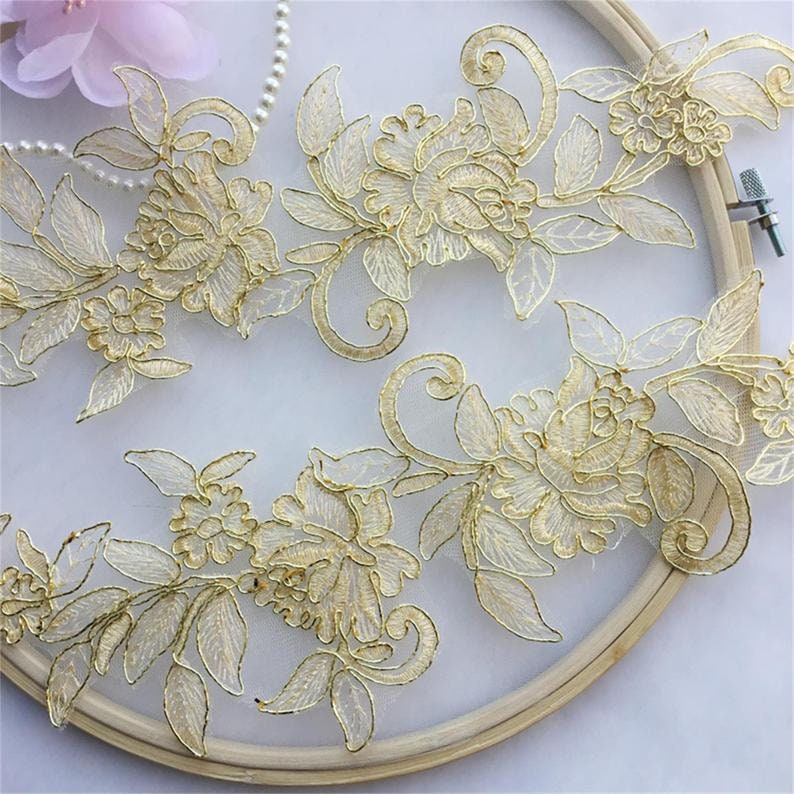 1 pair Luxury Gold Lace Applique Vintage Alencon Lace Etsy