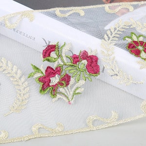 Lace Trim White tulle Gold Embroidered Rose Clothing Accessories Lace Decorative Curtain Fabric, Wedding Lace 14CM width High Quality