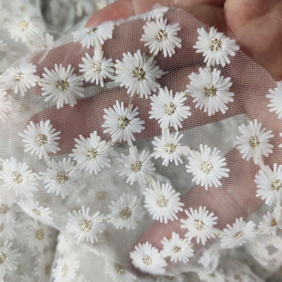 2 Colors Ivory Light Blue Adorable Daisy Flower Embroidered White Tulle ...