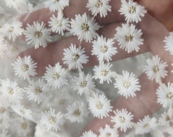 2 colors Ivory Light Blue Adorable Daisy Flower Embroidered White Tulle Fabric for Flower Girl Dress, Party Dress, Costume design 51" width