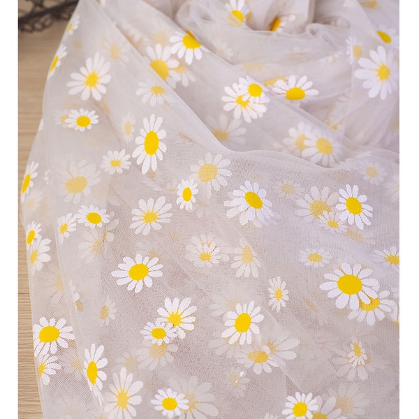 6 couleurs Dentelle Tissu Adorable Daisy Forale Fguerite Imprimé Tulle Tissu pour Flower Girl Dress, Robe de soirée, Costume Design 59 « largeur
