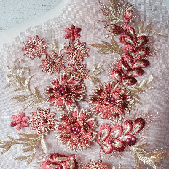 Lace Applique, Pink Flower Applique, Beaded Embroidered Bridal Applique, 1  Pc 